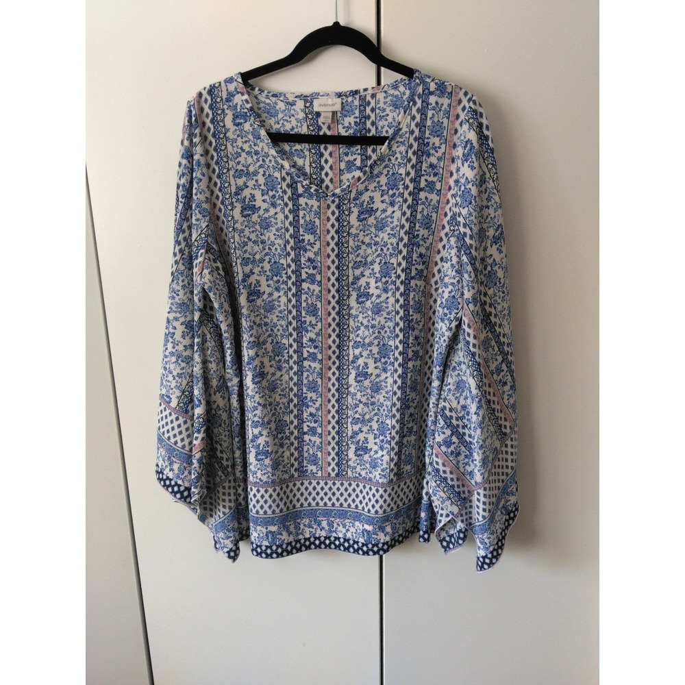 Womens Ditsy Floral Dramatic Bell Sleeve Tunic Top   Size 14 /16 Blue  Feminine